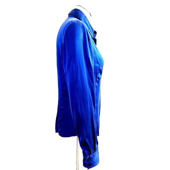 Apostrophe Petites Silk Spandex Blend Royal Blue Button Up Long Sleeve Blouse Sz - Picture 6 of 10